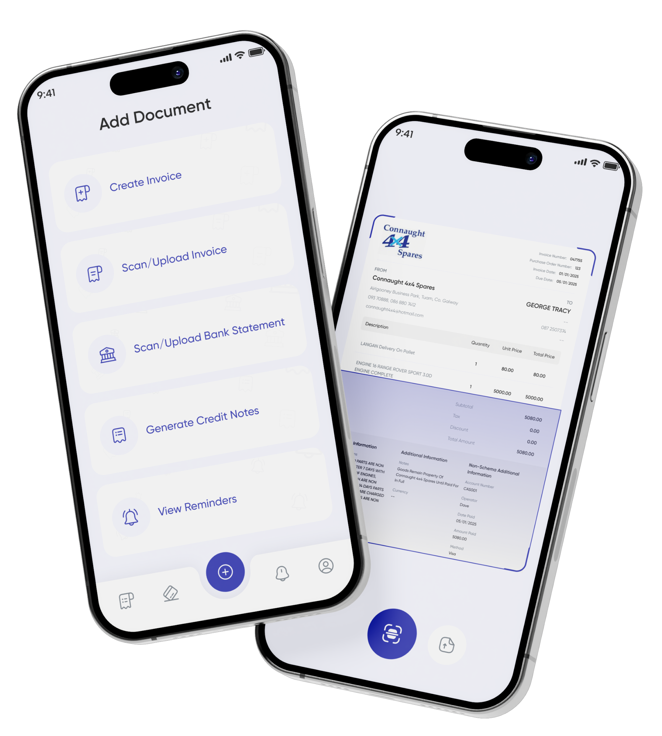 Invoz AI document creation and invoice scanning displayed on two phones.