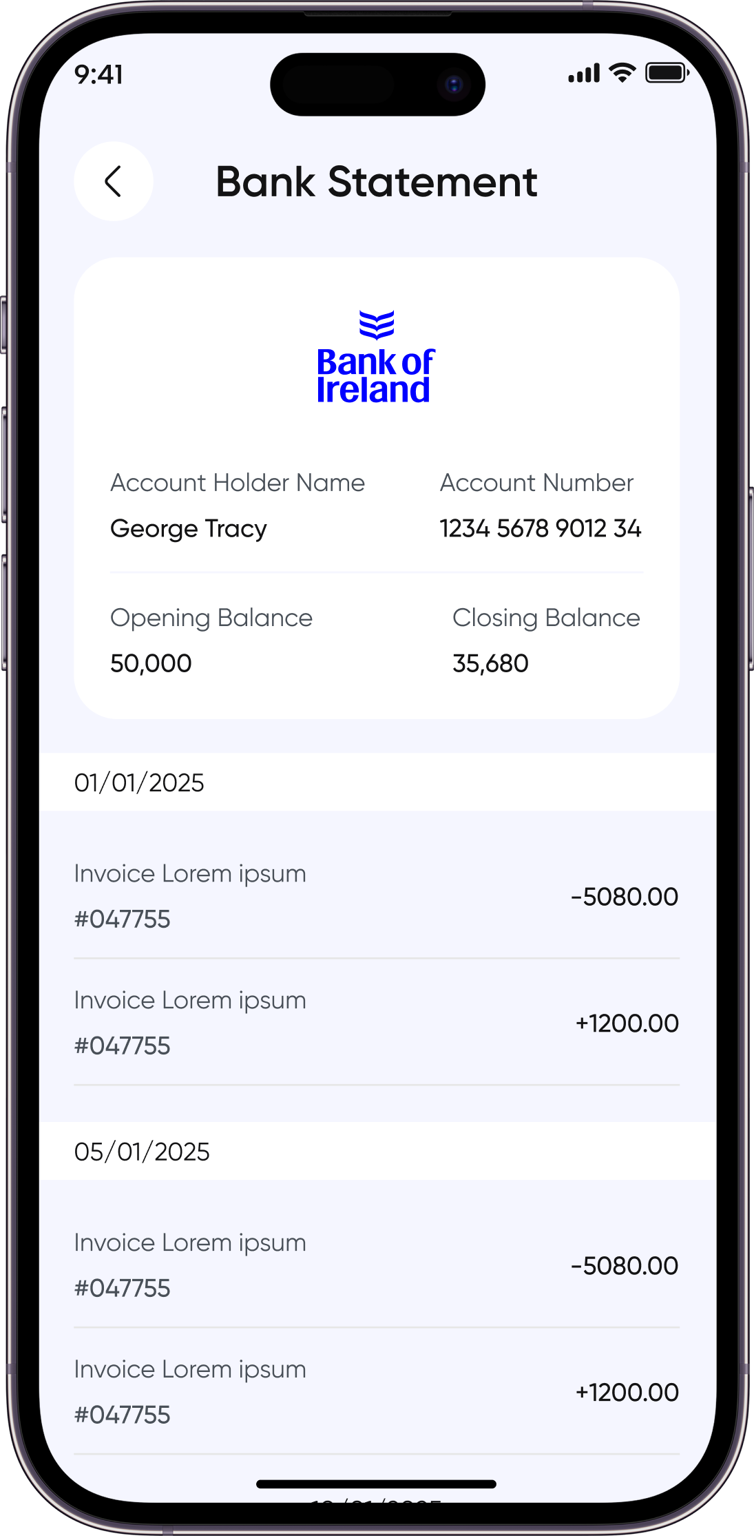 Bank Statement screen showing balances and transaction records in the Invoz AI app.